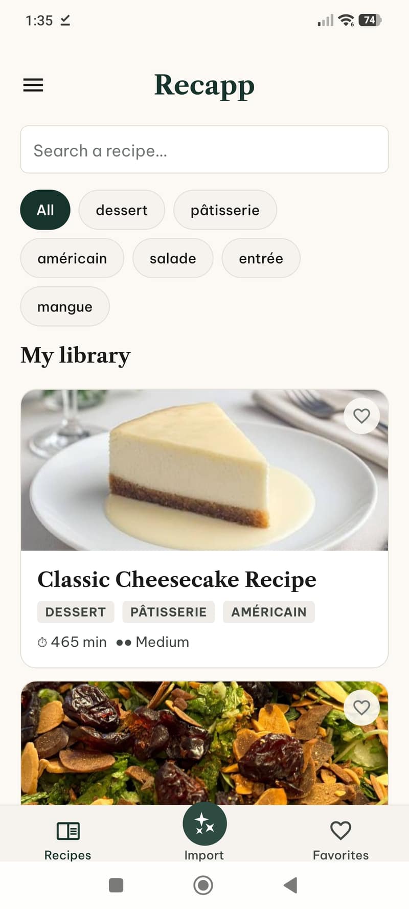Capture d'écran de l'application Recapp montrant la bibliothèque de recettes